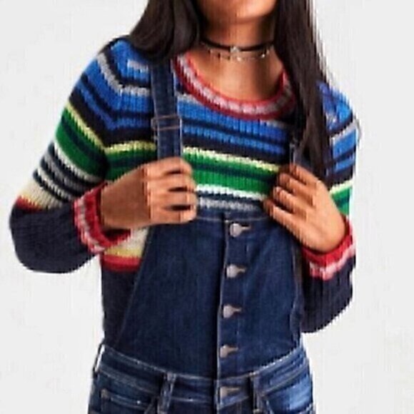 AMERICAN EAGLE Rainbow Navy Cream Striped Chunky Knit WOOL Etc Crew Neck Sweater - Picture 1 of 12